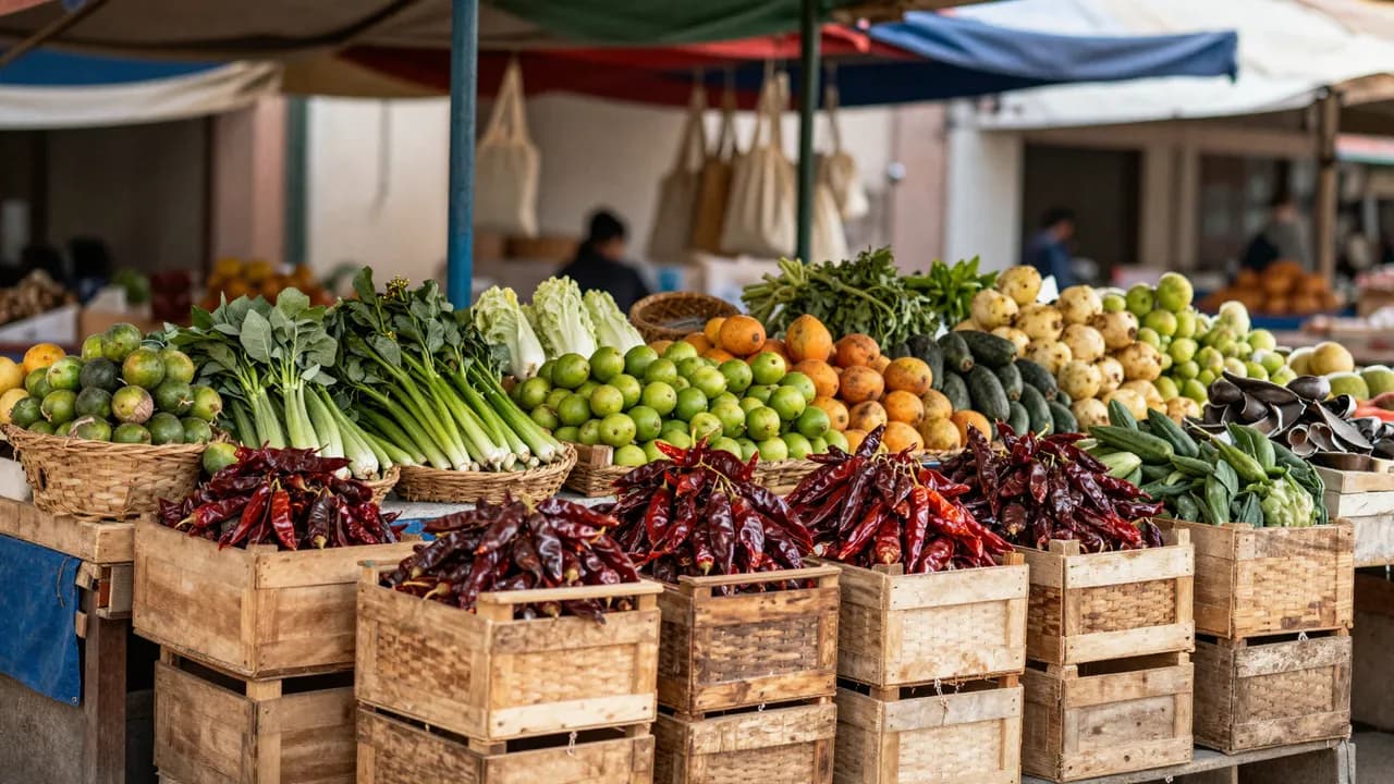 Puesto de mercado tradicional con huacales de verdura, fruta y chiles secos